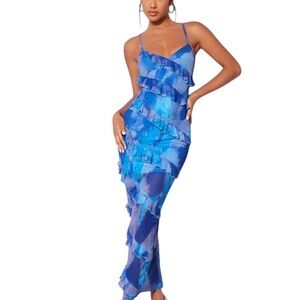 SHEIN BAE Tie Dye Lace Up Backless Layered Ruffle Trim Cami Bodycon Dress